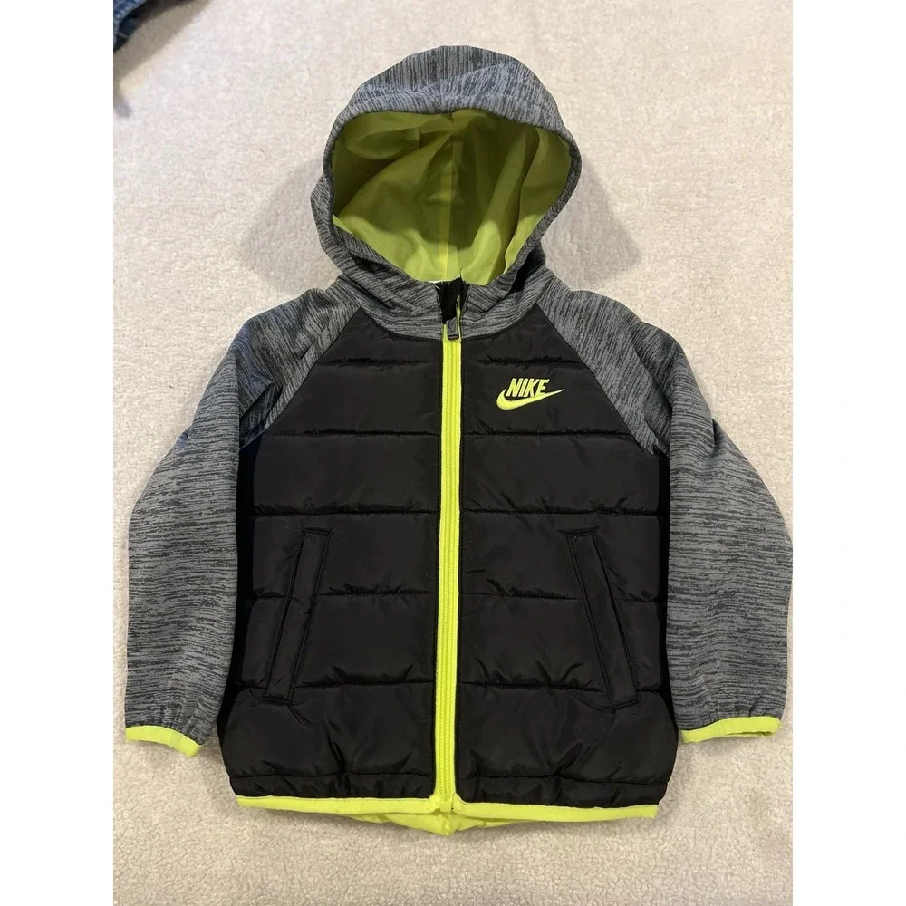 Toddlers Nike Puffer Jacket 2T Heather Gray Black And Lime Green‎